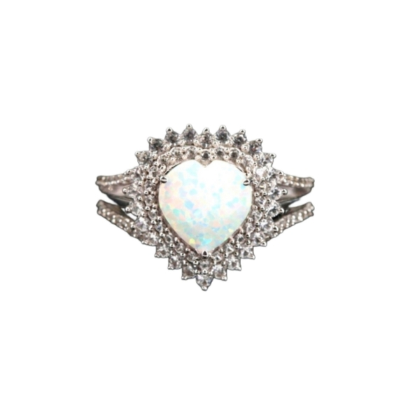 Source Unknown Jewelry - Sterling Opal and White Sapphire Heart Shaped Sterling Ring, Size 7